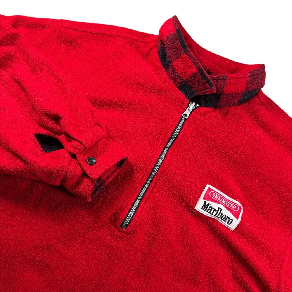 VTG Marlboro Unlimited Reversible Fleece Pullover Red Buffalo Plaid 1/4 Zip Rare